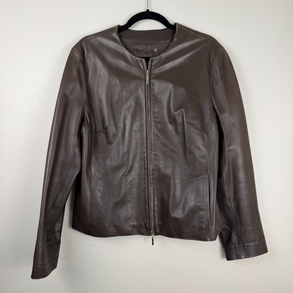 Adrienne Vittadini Leather Jacket Women's 12 Brown Classic Crew Neck Zip-Up Soft